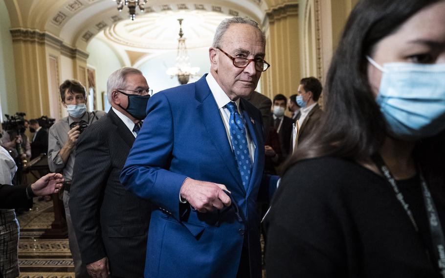 Senate Majority Leader Chuck Schumer, D-N.Y., departs after a weekly press conference on Capitol Hill on Nov. 16, 2021. 