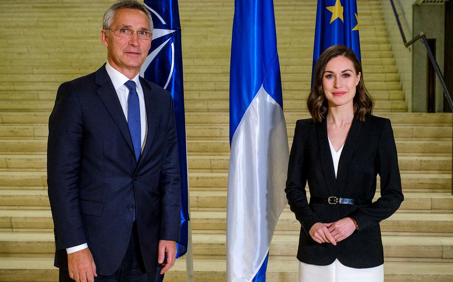 NATO Secretary-General Jens Stoltenberg meets with Finnish Prime Minister Sanna Marin in Finland in October 2021. Finland announced May 12, 2022, its intent to join NATO. 
