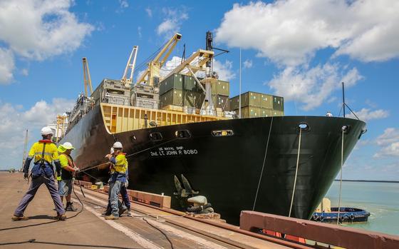 The USNS 2nd Lt. John P. Bobo, shown in March 31, 2014, in Australia, had to return to Florida following an engine room fire last Thursday. The Navy transport ship was carrying equipment for building a temporary humanitarian aid corridor in Gaza.