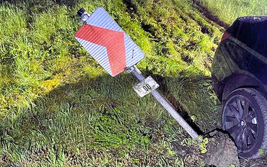 A 21-year-old American driver, whose identity has not been disclosed, lost control of his BMW around 4:40 a.m. Sunday while approaching a traffic circle on his way to Mackenbach. He damaged landscaping and a traffic sign.