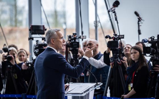 NATO Secretary-General Jens Stoltenberg speaks to reporters April 3, 2024, before the start of two days of meetings of NATO foreign ministers at the alliance's headquarters in Brussels.