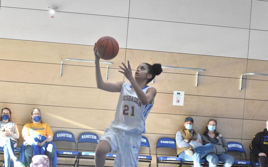 Wiesbaden phenom Alynna Palacios scores after a steal against SHAPE on Wednesday, Feb. 23, 2022 at the DODEA-Europe Division I basketball championships.