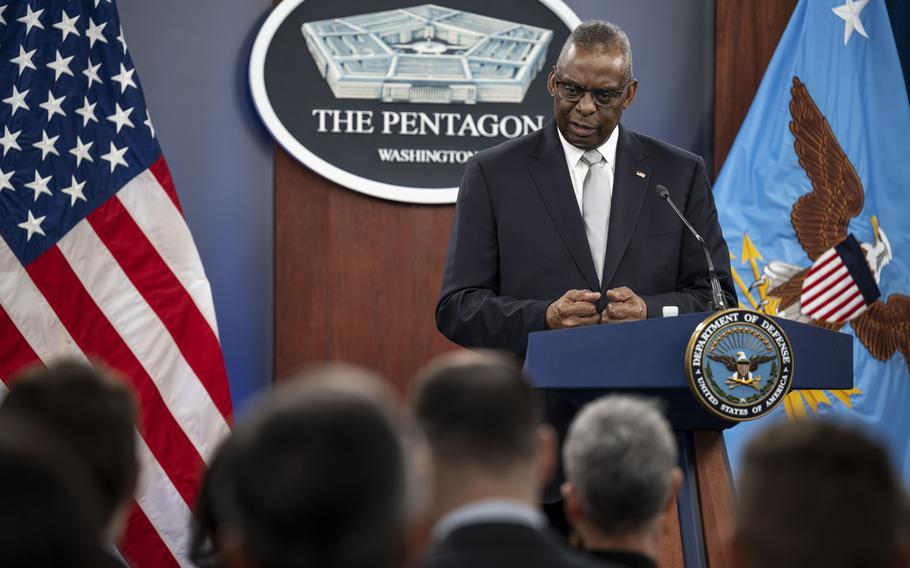 Defense Secretary Lloyd Austin conducts a news briefing at the Pentagon on Thursday, Feb. 1, 2024. 