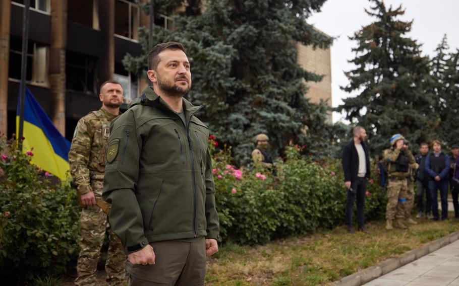 Ukraine president Zelenskyy on a trip to Kharkiv Oblast. Officials in Kyiv said Ukrainian forces recaptured some 1,100 square miles in the Kherson and Kharkiv regions. 