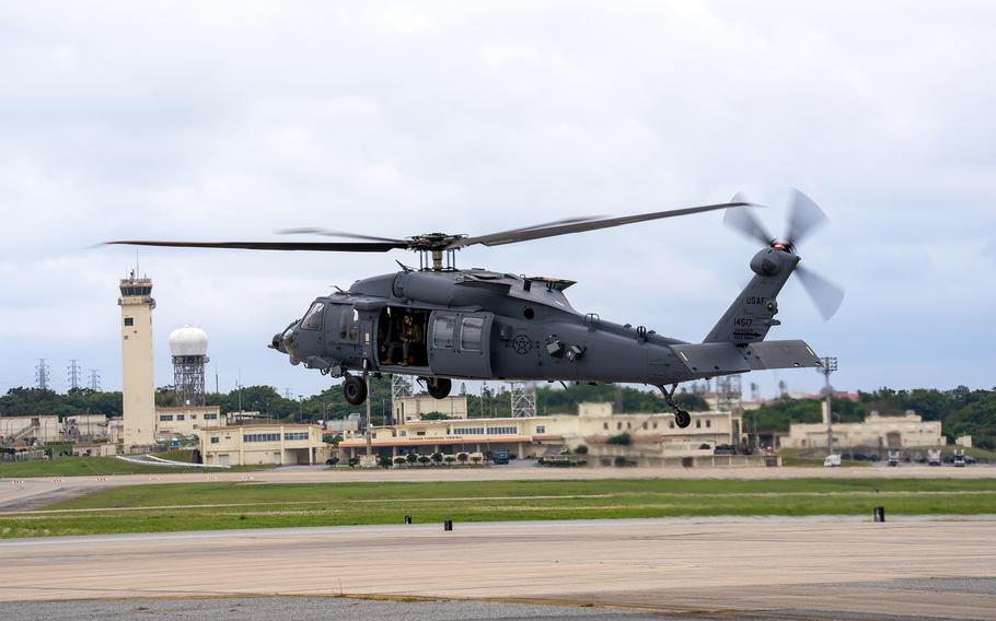 An Air Force HH-60W Jolly Green II assigned to the 33rd Rescue Squadron lifts off for the first time at Kadena Air Base, Okinawa, Feb. 27, 2024.