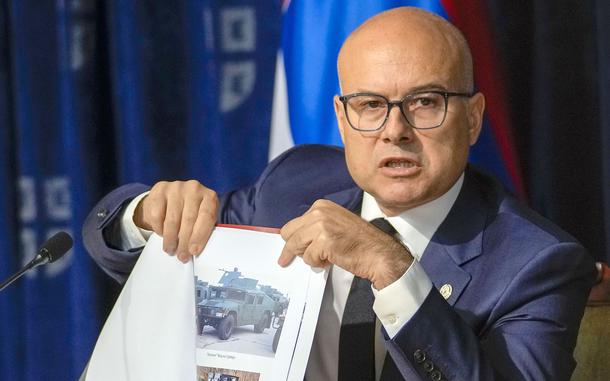 Serbian Defense Minister Milos Vucevic speaks during a press conference in Belgrade, Serbia, Monday, Oct. 2, 2023.