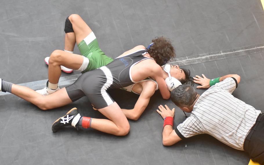 Rota’s Leo McFarland pinned Naples’ Troy Ducon at 106 pounds at the DODEA European Wrestling Championshps on Friday, Feb. 9, 2024, in Wiesbaden, Germany.