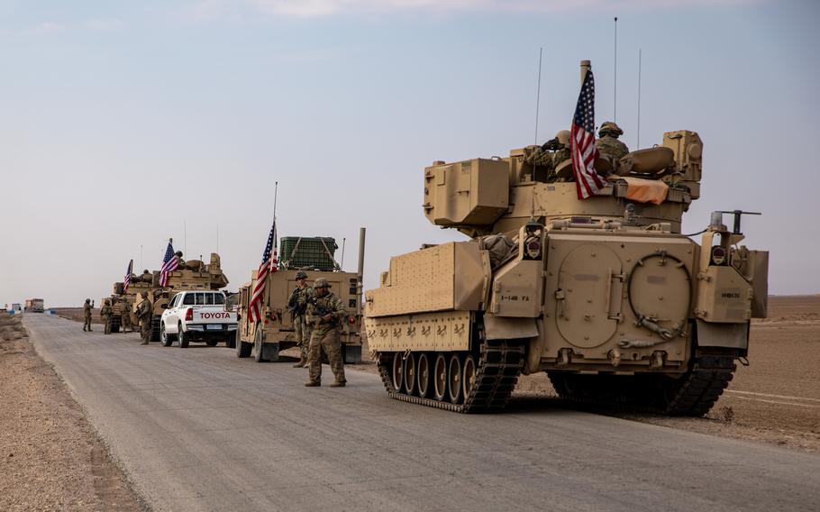 U.S. and Syrian Democratic Forces conduct a patrol in Syria on Jan. 26, 2023.