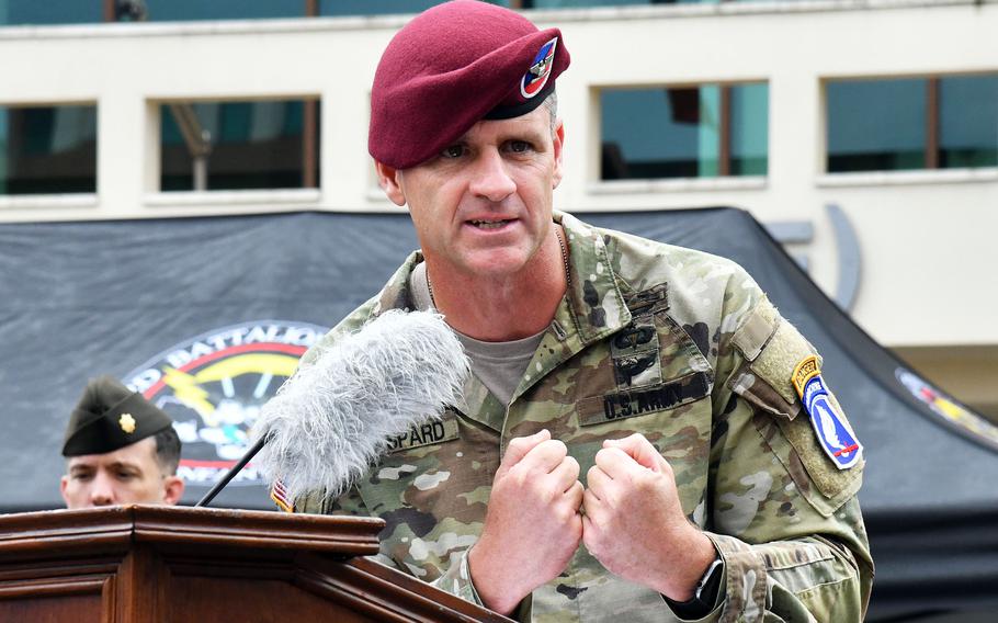 Army Col. Joshua Gaspard, leader of the 173rd Airborne Brigade, addresses the audience at his change of command ceremony in Vicenza, Italy, on July 6, 2023.