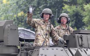 Soldiers in a tank wave to the crowd on Saturday, June 14, 2025, during the U.S. ArmyÕs 250th anniversary parade and celebration in Washington. (Eric Kayne/Stars and Stripes)