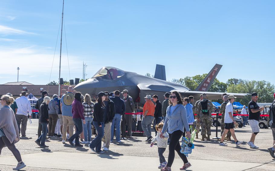 Visitors to the Beyond the Horizon Air and Space Show gather around the F-35A static display at Maxwell Air Force Base, Ala., Saturday, April 6, 2024. 