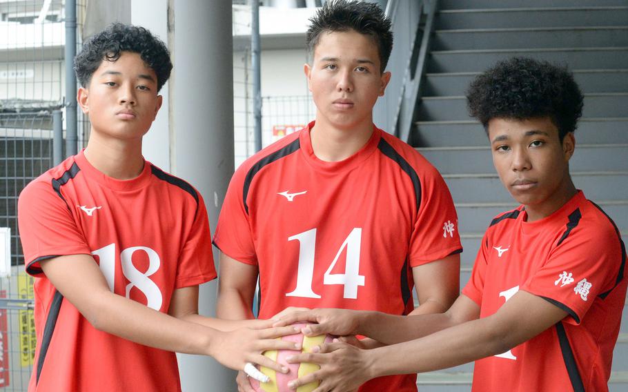 Kubasaki sophomore Isaiah Teregeyo and Kadena seniors Robert Kehe and Jahan Ellerbee, playing at the American School In Japan YUJO Tournament with the Kadena Shogun Volleyball Club of Okinawa. They say they would rather play for their respective high schools and even see boys volleyball become a Far East tournament sport.