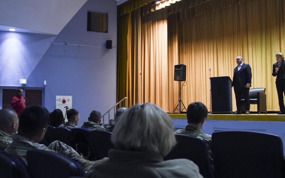 Gilbert Cisneros Jr., undersecretary of defense for personnel and readiness, and Seileen Mullen, acting assistant secretary of defense for health affairs, answer questions about civilians' access to medical care during a town hall at Yokota Air Base, Japan, Monday, Jan. 30, 2023.