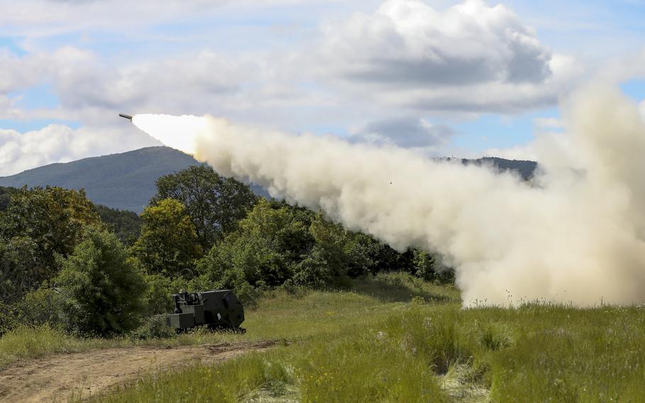 U.S. soldiers assigned to Alpha Battery, 1st Battalion, 77th Field Artillery Regiment, 41st Field Artillery Brigade, fire a rocket during an exercise at Novo Selo, Bulgaria, June 1, 2021.