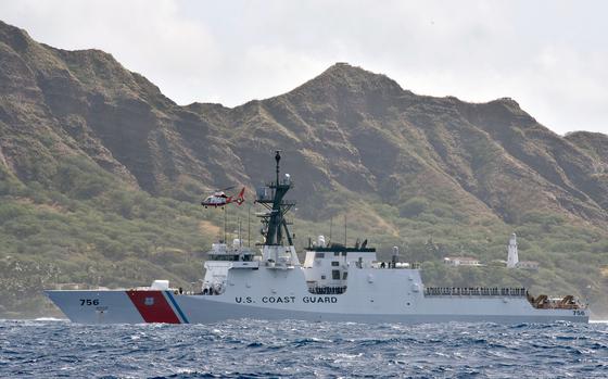 The U.S. Coast Guard Cutter Kimball (WMSL 756) passes by Diamond Head as it heads to Honolulu on Aug. 16, 2019.