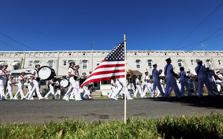 U.S. Navy members marching in The John Basilone Parade, in Raritan, N.J., Sunday, Sept. 19, 2021.