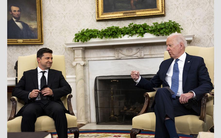 Ukrainian President Volodymyr Zelenskyy, left, meets with U.S. President Joe Biden in the Oval Office at the White House on Sept. 1, 2021 in Washington, D.C. Zelenskyy hopes the U.S. will continue to send arms and money to his forces in their continuing efforts to stave off Russian aggression.  