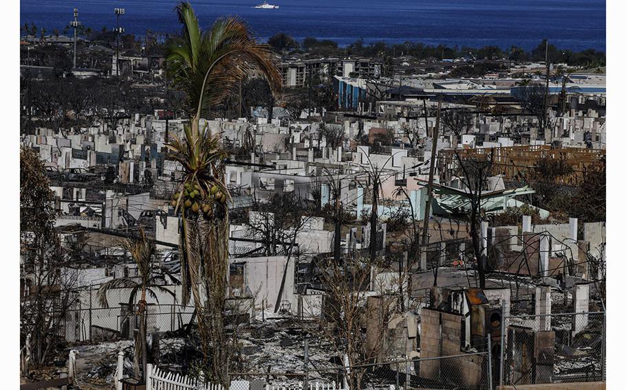 Homes and businesses lay in ruins after last week’s devastating wildfire swept through Lahaina. 