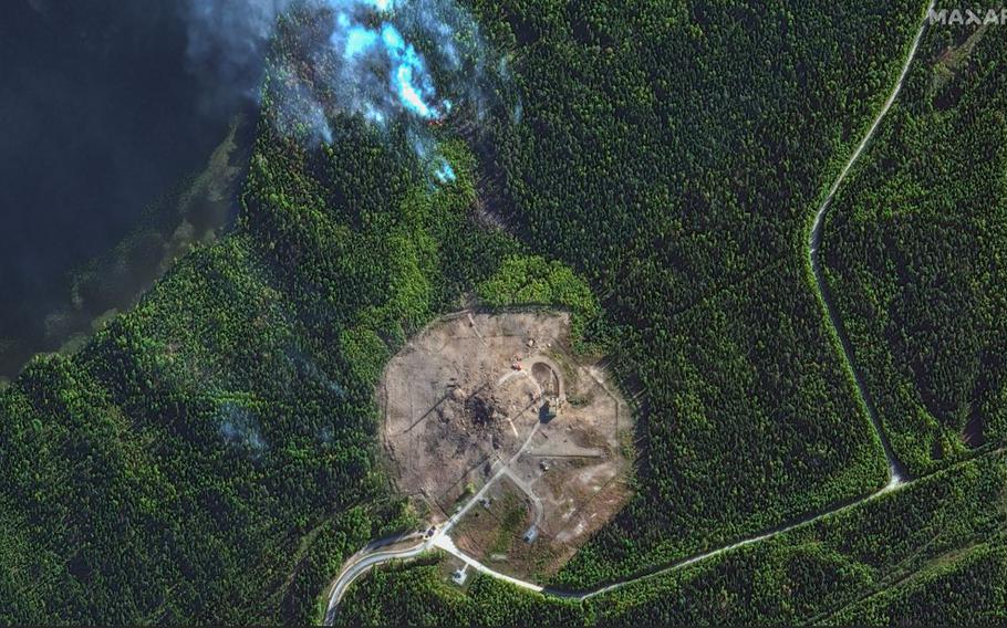 A satellite picture showing a failed launch of a Russian ICBM