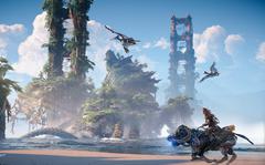 Outcast-turned-redeemer Aloy explores the lush forests, sunken cities and towering mountains of a far-future America in the open-world RPG Horizon Forbidden West.