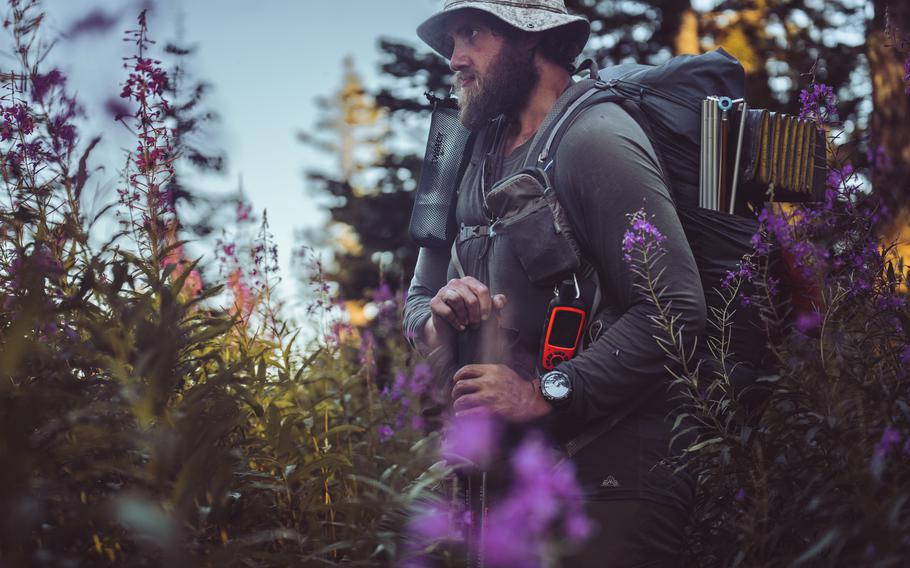Josh Murphy traverses wilderness near Mount Hood, Ore., in August 2022, while trekking the entirety of the Pacific Crest Trail. Murphy lost 200 pounds to join the Army but was told he was medically unfit to serve.