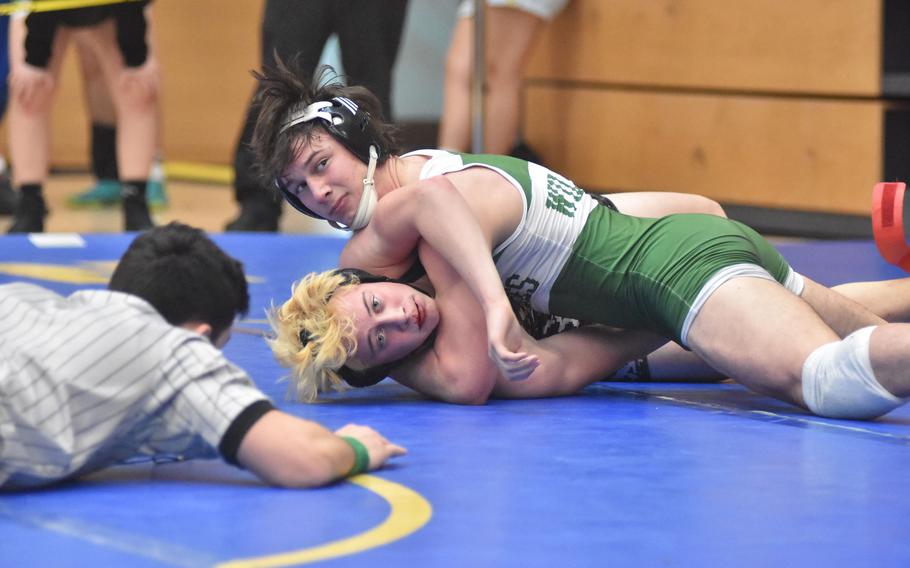 Naples’ Sam Pounds defeated Stuttgart’s Andrew Morrow at 150 pounds Friday, Feb. 9, 2024, at the DODEA European Wrestling Championships in Wiesbaden, Germany.