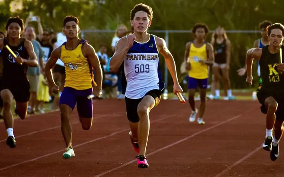 Senior Jared Aguon, middle, and Guam High swept all four relays in Monday's All-Island meet.