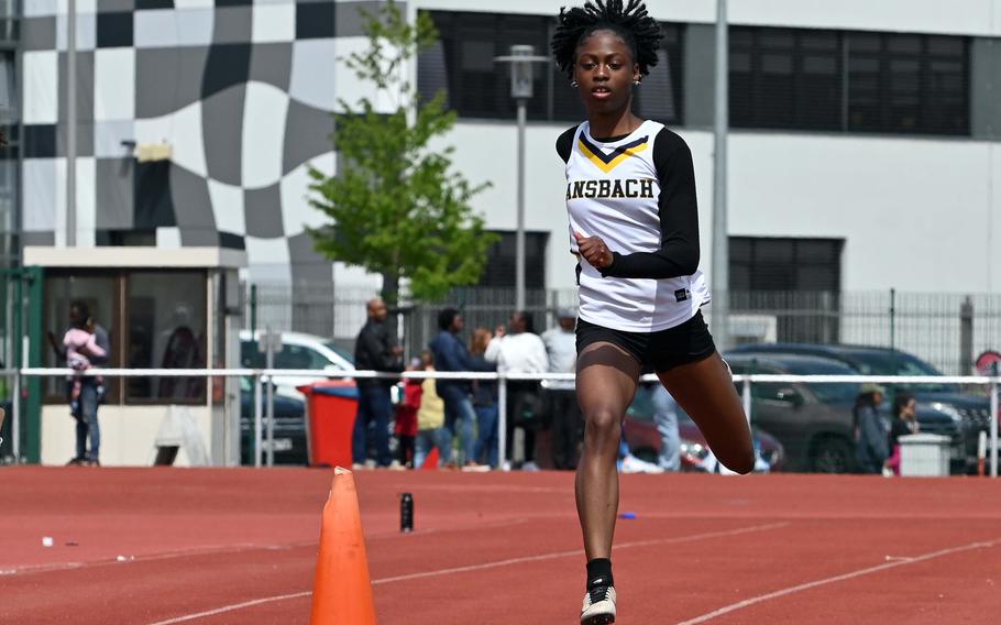 Ansbach’s Tamia McLaughlin won the girls triple jump with a leap of 35-10.25 at the DODEA-Europe track and field championships in Kaiserslautern, Germany, May 20, 2023, a day after winning the high and long jump events.