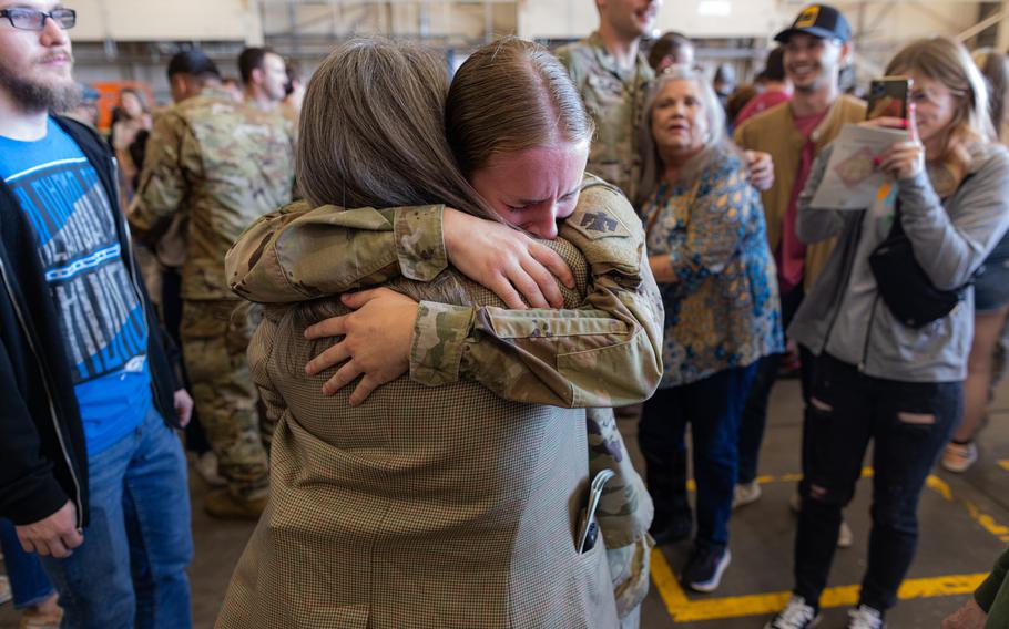 A member of Task Force Tomahawk reunites with family during a welcome home ceremony at Will Rogers Air National Guard Base in Oklahoma City, Saturday, Feb. 24, 2024. 