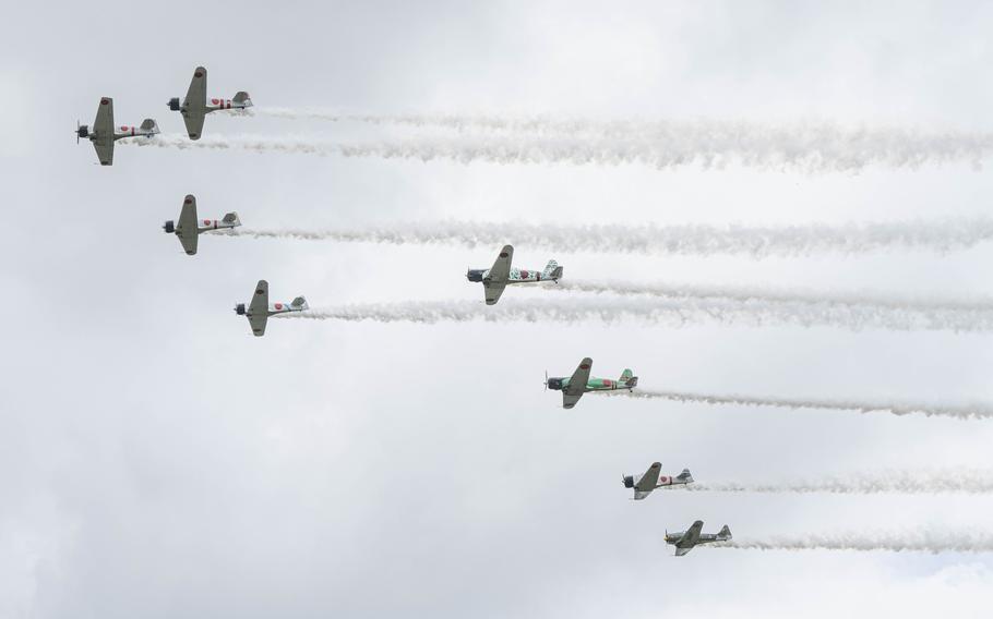 Aircraft from demonstration team Tora! Tora! Tora! perform aerial stunts during The Great Texas Airshow, Saturday, April 6, 2024, at Joint Base San Antonio-Randolph, Texas. 