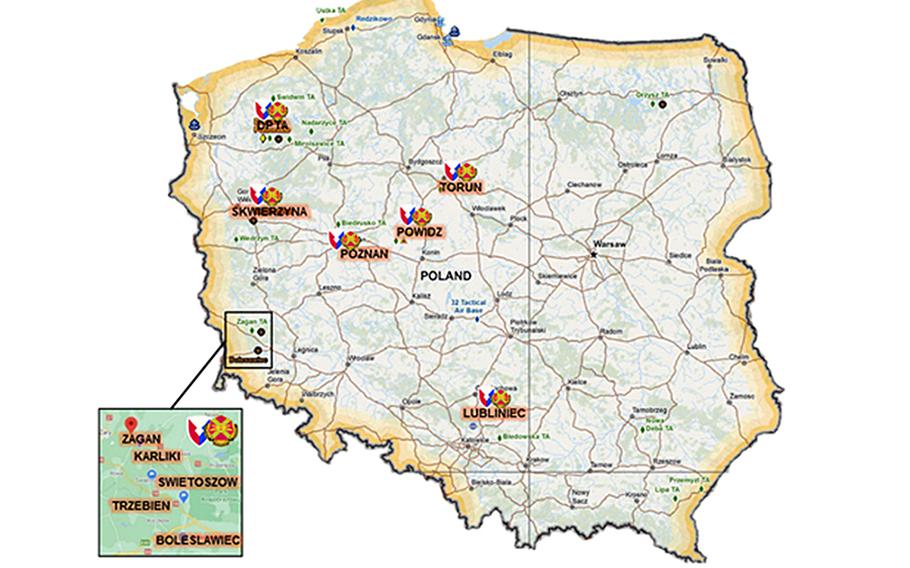 A U.S. Army map shows shows current and projected sites for the service in Poland, including the new headquarters in the west central city of Poznan. U.S.-based units are also on rotations to the southeastern part of the country at temporary or Polish-run sites. The Navy and Air Force also have personnel in the country. 