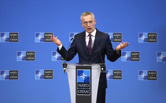 NATO Secretary General Jens Stoltenberg speaks during the launch of the NATO Secretary General's Annual Report for 2022 at NATO headuarters in Brussels, Tuesday, March 21, 2023. (AP Photo/Virginia Mayo)