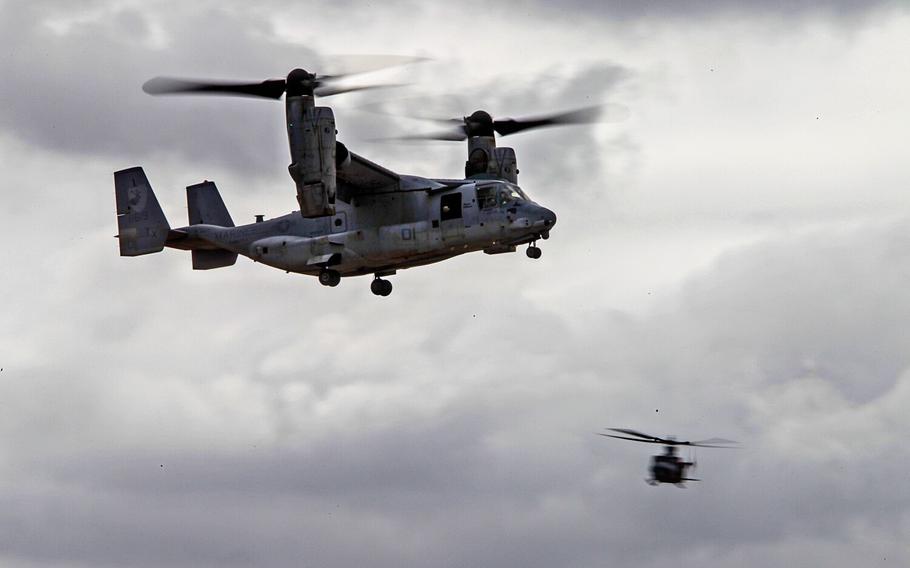 A Marine Corps Osprey MV-22 flies during preview day for the MCAS Miramar Airshow on September 26, 2019 in San Diego, California.