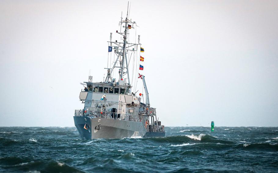 The minehunter Bad Bevensen, shown here in January, set sail for the German port of Lubmin on Oct. 24, 2022. The crew will search the Baltic seabed near the logistics port for old mines and war materiel before construction starts on a new liquefied natural gas terminal. 