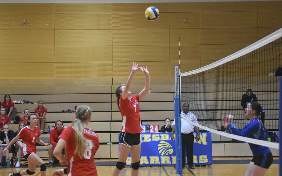 Lakenheath's Riley Kraft sets the ball during a game against Wiesbaden on Saturday, Sept. 10, 2022.