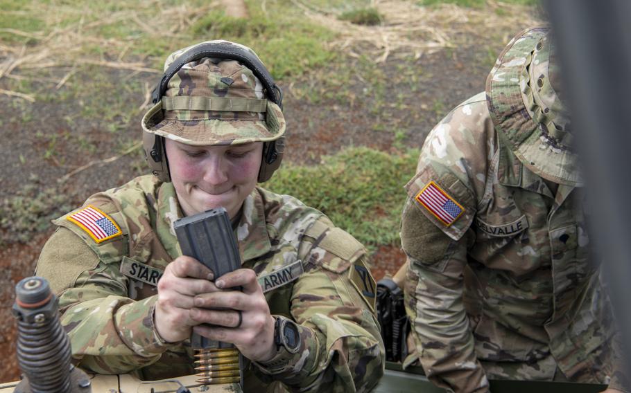 Spc. Alex Starcher, a Massachusetts National Guardsman with the 772nd Military Police Company, loads ammunition into an M4 magazine in preparation for lethal weapons training during Justified Accord 2024 at the Counter Insurgency Terrorism and Stability Operations Training Centre, Nanyuki, Kenya, Wednesday, Feb. 28, 2024.