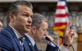 Defense Secretary Pete Hegseth, center, testifies Wednesday, June 18, 2025, in Washington during a Senate Armed Services Committee hearing on the Department of Defense budget. (Eric Kayne/Stars and Stripes)