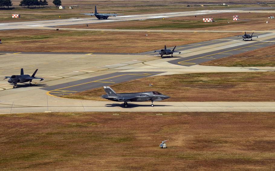 Four Marine Corps F-35B Lightning II stealth fighters from Iwakuni, Japan, taxi at Kunsan Air Base, South Korea, Oct. 31, 2022. The aircraft are taking part in the Vigilant Storm exercise.