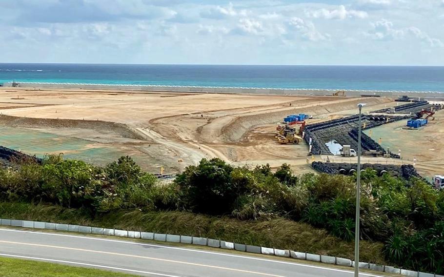 Construction work continues at the site of a new runway into Oura Bay at Camp Schwab, Okinawa, Jan. 10, 2022.