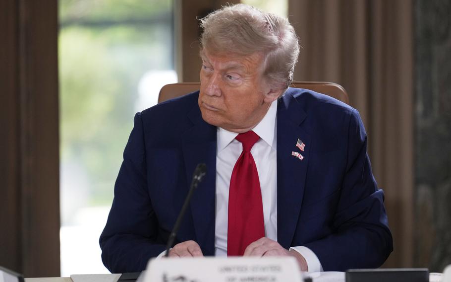 President Donald Trump participates in a session of the G7 Summit, Monday, June 16, 2025, in Kananaskis, Canada. 