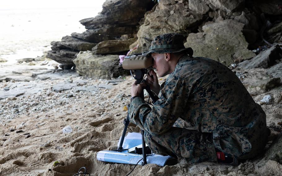 Cpl. Hunter Way, a fire support Marine with Marine Rotational Force-Southeast Asia, watches for vessels while training in Sorsogon, Philippines, Oct. 9, 2023. 