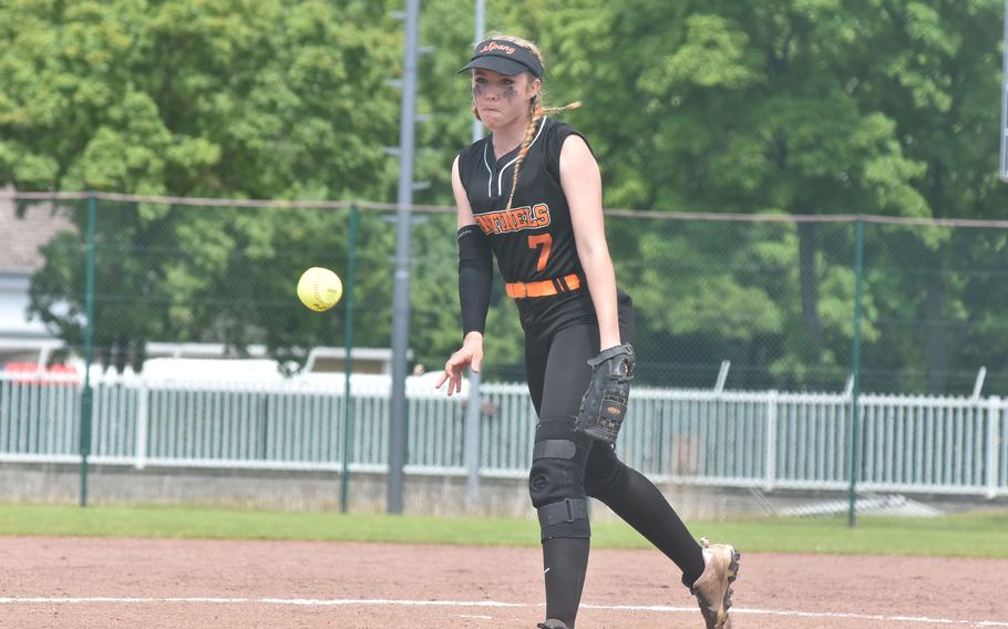 Spangdahlem's Audrey Hauck hurls a pitch against Sigonella in the DODEA-Europe Division II/III softball championships Friday, May 19, 2023, in Kaiserslautern, Germany.