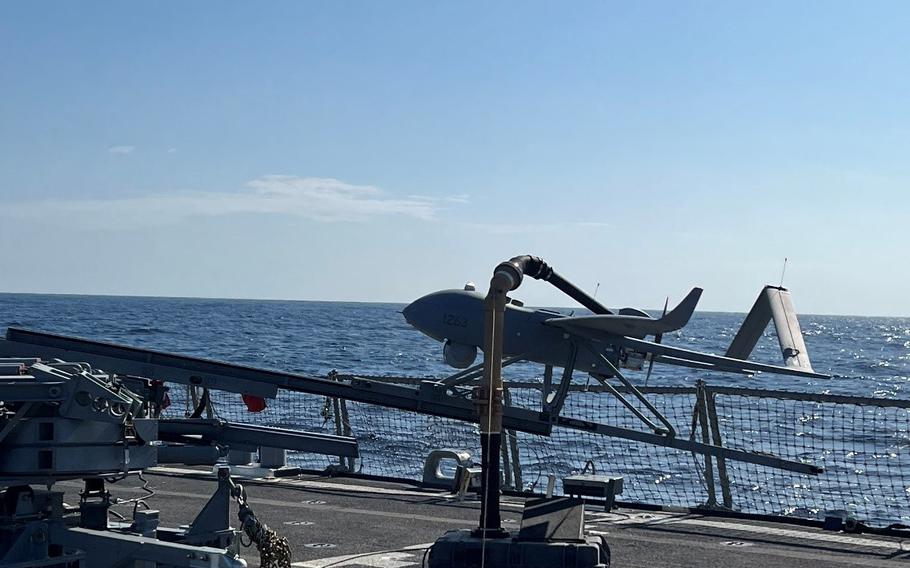 An Aerosonde drone system prepares to launch from the guided-missile destroyer USS Higgins, April 4, 2021. 