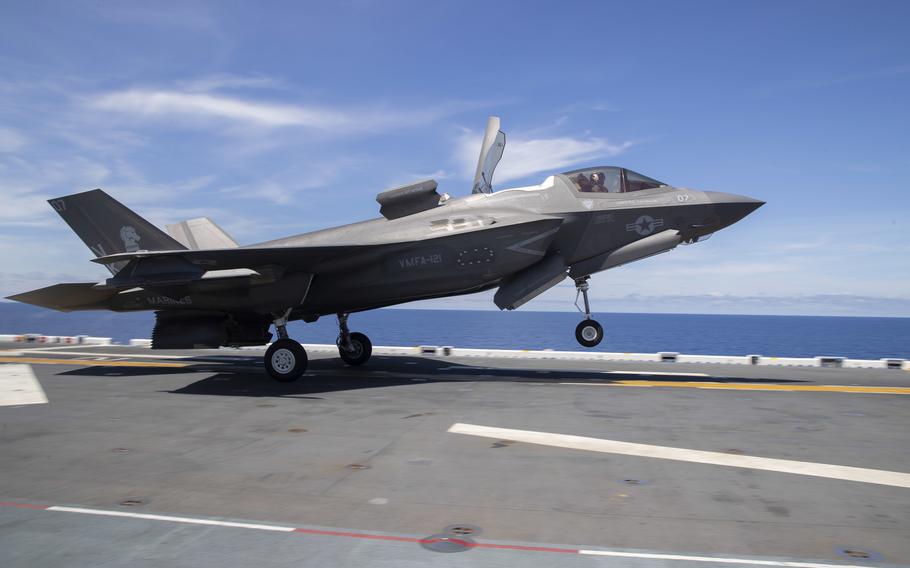 An F-35B Lightning II aircraft assigned to Marine Medium Tiltrotor Squadron (VMM) 262 (Reinforced) launches from amphibious assault carrier USS Tripoli (LHA 7), Aug. 30, 2022. Tripoli is operating in the U.S. 7th Fleet area of operations to enhance interoperability with allies and partners and serve as a ready response force to defend peace and maintain stability in the Indo-Pacific region. 