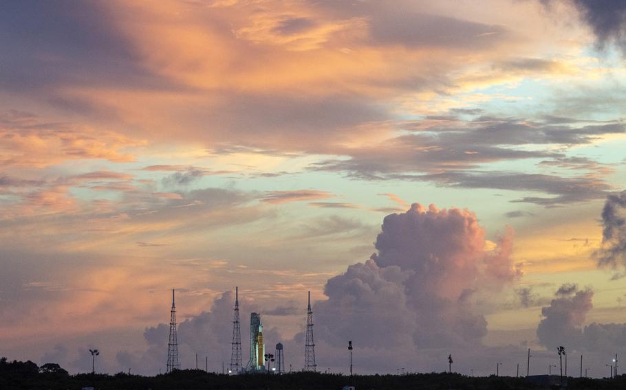 The SLS rocket and the Orion capsule are seen on Thursday, Aug. 25, 2022, prepared for launch. 