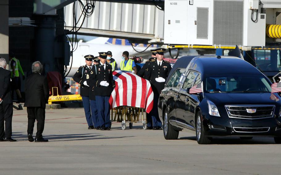 The remains of Army 1st Lt. Anthony Mazzulla, who was killed during the Korean War, are returned to Rhode Island on Tuesday, October 12, 2021. 