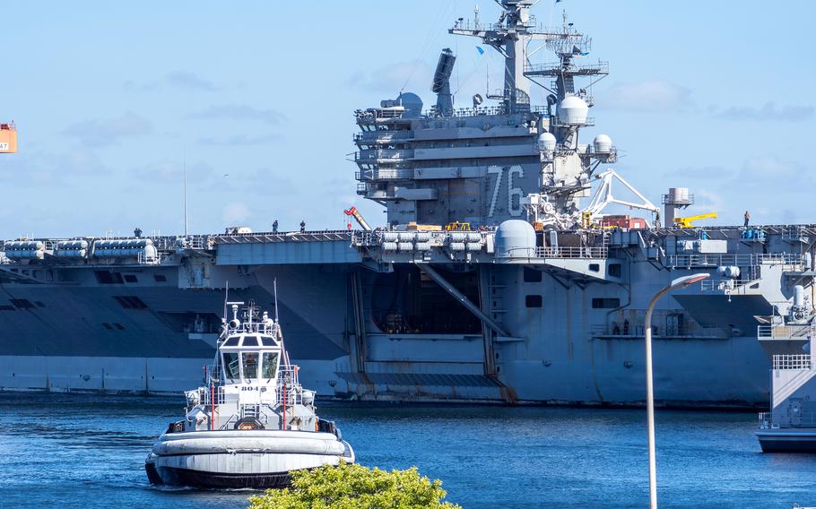 The aircraft carrier USS Ronald Reagan is pictured at Yokosuka Naval Base, Japan, Sept. 15, 2023. 