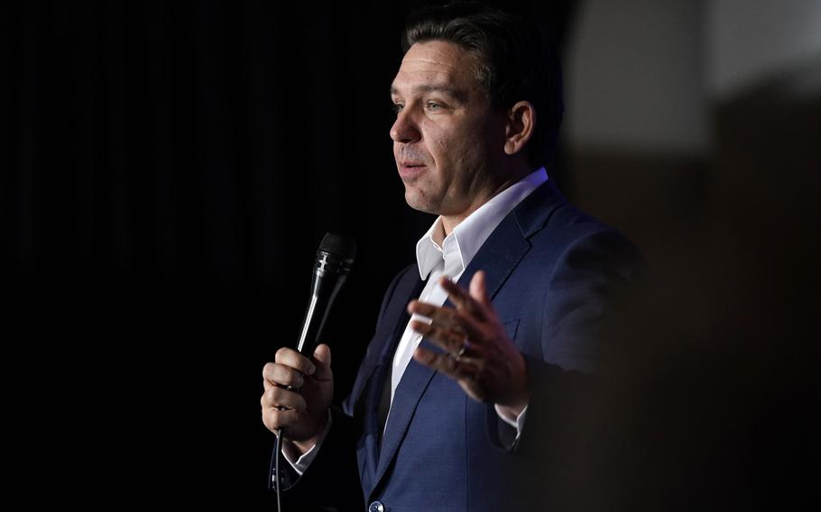 Republican presidential candidate Florida Gov. Ron DeSantis speaks during a New Year’s Eve campaign event, Dec. 31, 2023, in West Des Moines, Iowa.