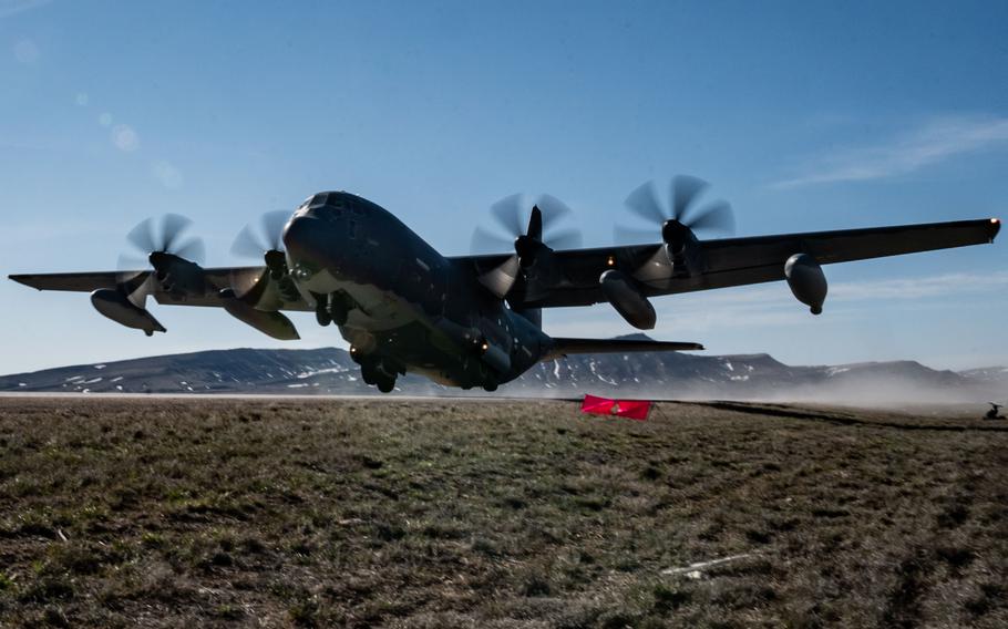 An MC-130J Commando II takes off from a state highway near Rawlins, Wyo., during Exercise Agile Chariot on April 30, 2023. Crews used the public road for the exercise as part of the Agile Combat Employment concept. 