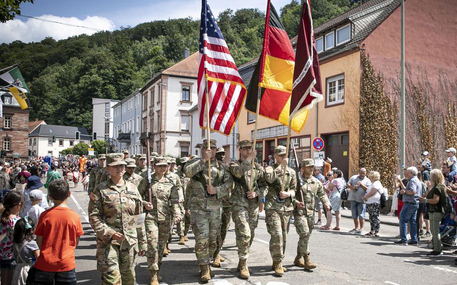 U.S. service members from Landstuhl Regional Medical Center in Germany celebrate the town of Landstuhl's 700th anniversary in July 2023. Nearly seven in 10 Americans in a recent poll said they view Russia as a major military threat, while just 36% of Germans surveyed felt the same way.